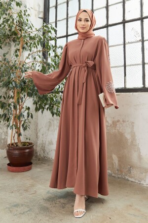 Liva Kolları Taşlı Abaya - Camel - Vavinor