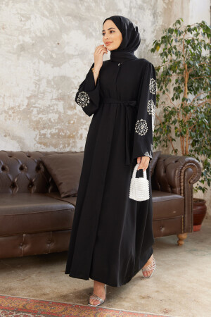 Liva Kolları Taşlı Abaya - Siyah - Vavinor
