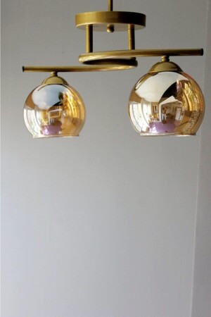 Living Room Kitchen Modern Decorative Antique Honey Glass Fuji 2-Piece Chandelier ZYTNLMN0020 - ZEYTİN&LİMON AYDINLATMA