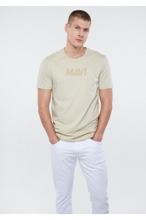 Logo Baskılı Bej Tişört Slim Fit / Dar Kesim 066846-70322 - Mavi