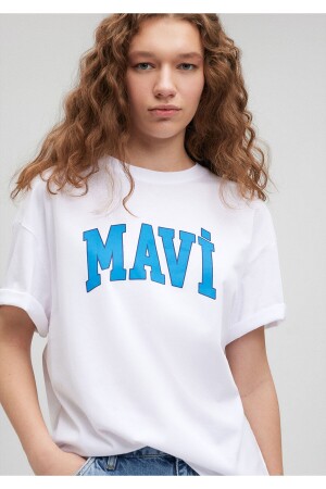 Logo Baskılı Beyaz Tişört Oversize - Geniş Kesim 1600843-70000 - Mavi