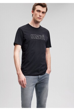 Logo Baskılı Siyah Tişört Slim Fit / Dar Kesim 065781-900 - Mavi