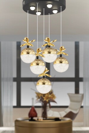 Lokken 5-Piece Round 50 Watt Gold Crystal LED Modern Living Room Pendant Lamp Chandelier 4079-05Y-GD - Apliqa