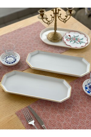 Long Rectangular Serving Plate - Presentation Plate 2 Pieces Gold Rimmed - Fbe Home