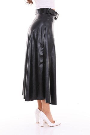 Long Skirt Faux Leather Flared Model Belted - Winmoda
