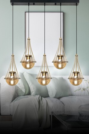 Lopo 5 Piece - Luxury Queen Pendant Lamp Chandelier - Antique-black Body Honey Glass LP5 - VEDA AVİZE