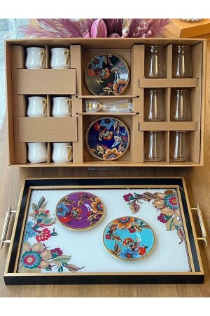 Lorena Asorti 25 Piece White Wooden Coffee Cup Tea Set for 6 People with Tray - Onedekor