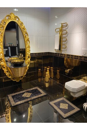 Losarina 2-teiliges, wasserdichtes Badematten-Set aus Latex mit rutschfester Unterseite (60 x 100 – 60 x 50), Schwarz/Gold - Brillant