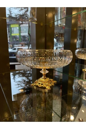Lotus Crystal 24 Cm Cut Decor Gold Foot Salad Bowl Glass Presentation and Serving Plate Kesmegold - Paşabahçe