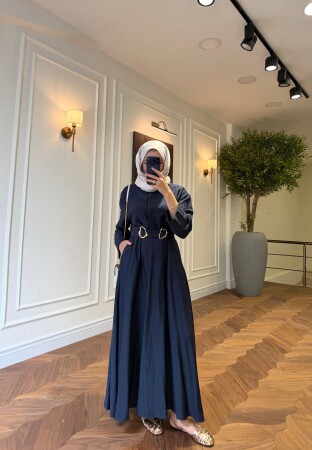 Luna Gold Belted Dress - Navy Blue - Duendeca