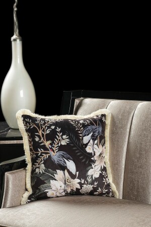 Luxuriöser Samt-Kissenbezug, 43 x 43 cm, dekorativ, weich, Wohnzimmer, Sofa, Avantgarde, mit Fransen, Schwarz - Özenev