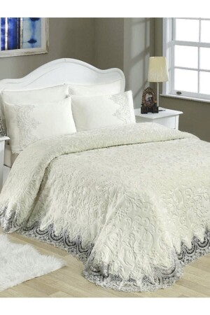 Luxuriöses Doppel-Mitgift-Decken-Set mit französischer Spitze, Tagesdecken-Set, Creme, Elvira 101 - ELVİRAHOME