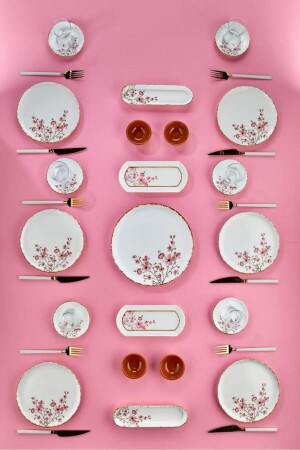 Luxuriöses handgefertigtes 21-teiliges Sakura-Blumen-Frühstücksset aus Keramik für 6 Personen - Erbaşlar