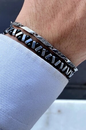 Luxuriöses italienisches Kettenarmband und verstellbares Makramee-Armband-Set für Herren im Zickzack-Modell - Lowen Aksesuar