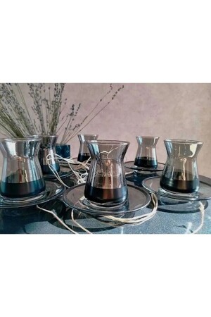 Luxuriöses Teeservice in geräucherter schwarzer Farbe – 12-teiliges Teetassen-Set fumeçaytakimi - Paşabahçe