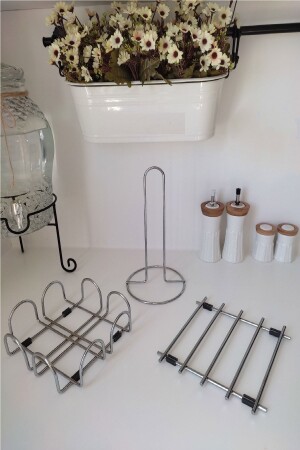 Luxury 3 Piece Serving and Presentation Set Trivet + Napkin Holder + Upright Towel Holder Silver BTS2489244448034 - BİTERSE