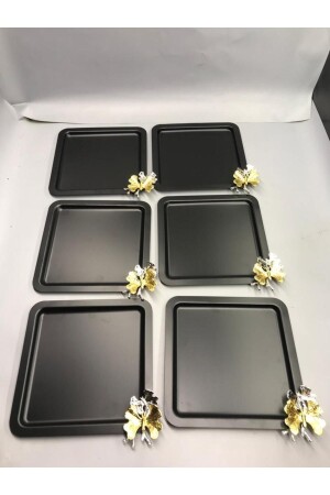 Luxury Butterfly Accessory Stainless Steel Square Set of 6 Black Coffee, Tea, Decorative Presentation Serving Tray KREKLBK6 - Aslı Hediyelik