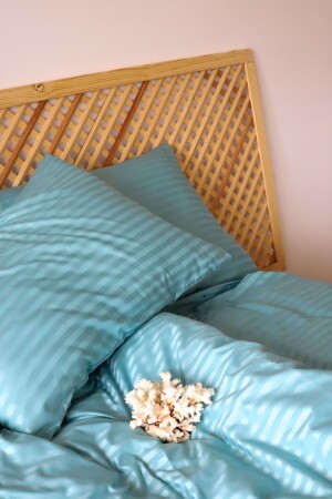 Luxury Hotel Series Single Duvet Cover Set with Elastic Sheets Striped Cotton Satin Turquoise Color teksaten01 - Tekstil Home