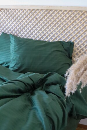 Luxury Hotel Series Single Size Striped Satin Duvet Cover Set with Elastic Sheets Green Color teksaten01 - Tekstil Home