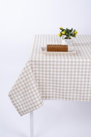 Luxury Linen Fabric Tablecloth Stain Resistant Optional Advertisement Gingham Beige - Altinpamuk