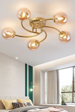 Luxury Model Plafonier Five Gold Modern Honey Glass Chandelier LMBDR35093 - Lambadar