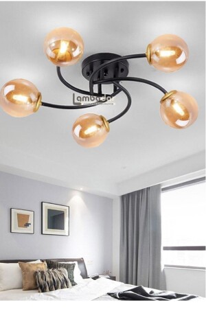 Luxury Model Plafonier Five-Piece Black Modern Honey Glass Chandelier LMBDR35093 - Lambadar