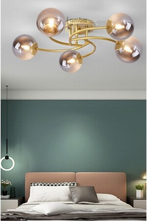 Luxury Model Plafonyer Beşli Gold Modern Füme Camlı Avize LMBDR35093 - Lambadar