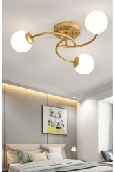 Luxury Model Plafonyer Üçlü Gold Modern Beyaz Camlı Avize LMBDR35092 - Lambadar