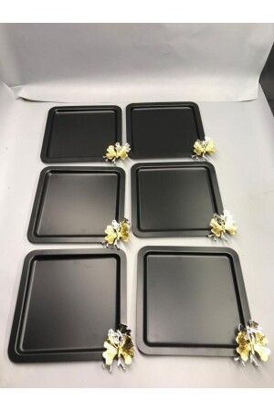 Luxury Square Butterfly Accessory Stainless Steel 6-Piece Black Coffee, Tea, Decorative Presentation Serving Tray MZKBK666 - Mira züccaciye