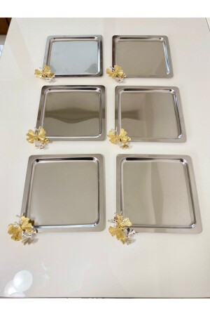 Luxury Square Butterfly Accessory Stainless Steel Set of 6 Silver Coffee-Tea-Decorative Presentation Serving Tray - Aslı Hediyelik