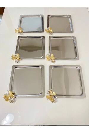 Luxury Square Butterfly Accessory Stainless Steel Set of 6 Silver Coffee, Tea, Decorative Presentation Serving Tray MZKBK667 - NEWTREND Züccaciye