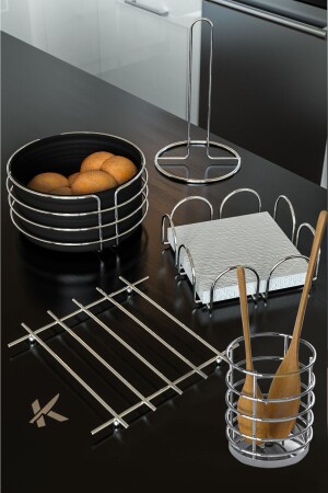 Luxury Stainless Service Presentation Set and Bread Basket Towel Holder Napkin Holder Trivet Bread Bowl Cutlery Set of 5 ChromeCircleRound5 - KARTEYA