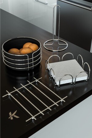 Luxury Stainless Service Presentation Set and Bread Basket, Towel Holder, Napkin Holder, Trivet, Bread Dish, Set of 4 - Karteya