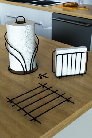 Luxury Stainless Service Presentation Set Towel Holder Napkin Holder Trivet Black Glossy 3-Piece Kitchen With CircleBlack3 - KARTEYA