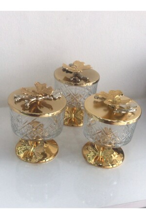 Luxury Timeless Appearance 3 Piece Gold Lid Sugar Bowl Presentation Glass Snack Bowl with Feet and Lid MNL1017 - Elzem