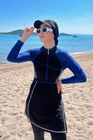 Lycra-Hijab-Badeanzug, der auf drei verschiedene Arten getragen werden kann. Kragen 4455 Schwarz A4455-SYH - Remsa Mayo