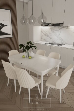 Mabel Series - 80x132 Kitchen And Living Room Dining Table Set 6 Cream Chairs - Deren Home