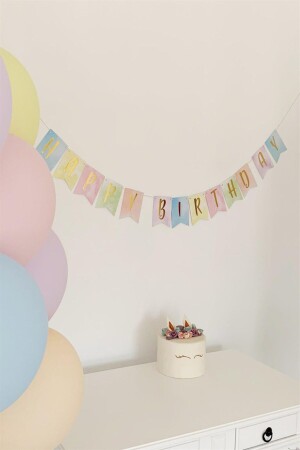 Macaron Colors Happy Birthday vergoldetes Textornament - Partifabrik