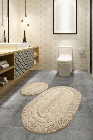 Macoroni Beige Set of 2 Toilet Set Bath Mat Set Carpet Cotton - Chilai Home