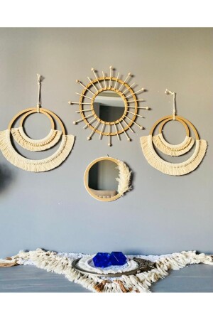 Macrame Bamboo and Wooden Mirror Wall Decoration Product Set of 4 - Kattuna