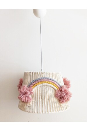 Macrame String Wrap Rainbow Appliqued Pink Handmade Pompom Baby Girl and Children's Room Chandelier (28) - C&A