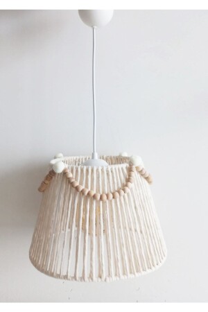 Macrame String Wrap Wooden Bead Ecru Pompom Baby and Kids Room Design Pendant Lamp Chandelier 178VZ - C&A