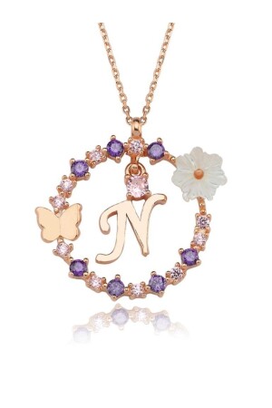 Magnolia Flower Dreams Sparkle N Letter Rose Color Silver Letter Necklace KL03371-MLV - Mia Vento