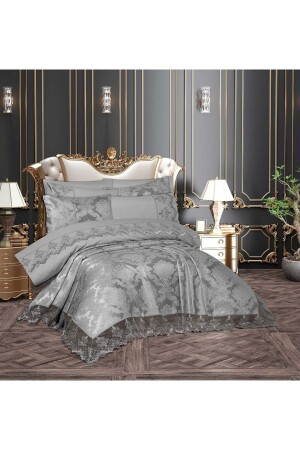 Mahidevran 9 Piece French Lace Double 100% Cotton Bridal Set Duvet Cover Set Gray ÇBMHG - Çeyiz Bahçesi