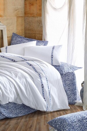Majesic Series Embroidered Satin Duvet Cover Set CTN-STN-MJS-Delmor-Navy Blue - Cotton Box