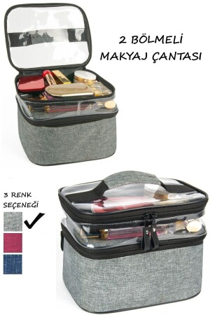 Makeup Bag New Design with 2 Compartments and Color Options - Gray - 3