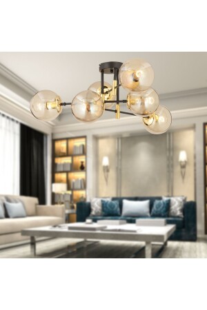 Maral 6-Piece Black Gold Honey Glass Modern Young Room Bedroom Retro Living Room Chandelier 3548-06-GD - Apliqa