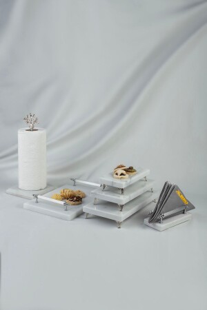 Marble Dowry Set of 4 Silver Napkin Holder & Presentation Holder & Roll Napkin Holder & Tray, Metal Profile Stand MERALP2040 - MERALP