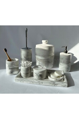 Marble Look Bathroom Set Trash Can - Toilet Brush - Tray - Soap Dispenser - Cotton Dispenser - Cup Holder - Ture Concept