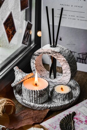 Marble Pattern Design Scented Soy Candle - Vase - Tealight - Tray and Room Fragrance with Black Bamboo Stick - Ersustore